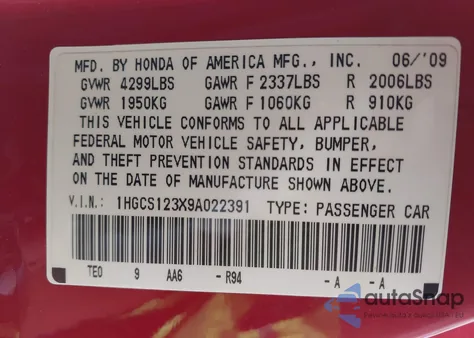 2009 Honda Accord 2.4 Lx-S from USA, damaged, VIN 1HGCS123X9A022391